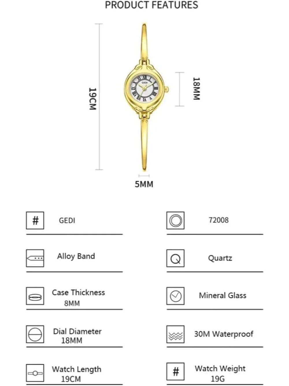 Women's Gold White Small Dial Bangle Thin Strap Classic Vintage Style Watches